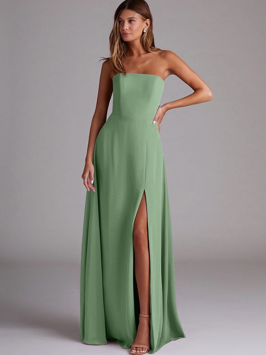 Azazie Wren- Matcha A-Line Side Slit Chiffon Convertible Dress